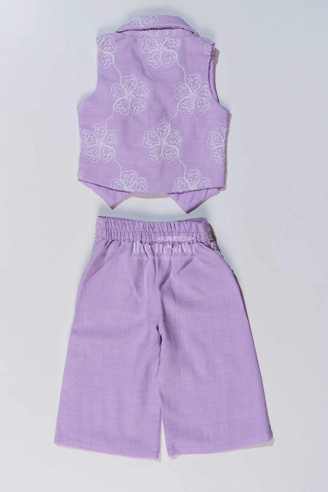 The Nesavu Girls Co-Ord Sets Girls Fancy Sharara Set in Lavender with Embroidered Jacket and Stylish Pants Nesavu Girls Fancy Lavender Sharara Set Embroidered Jacket Flared Pants | The Nesavu