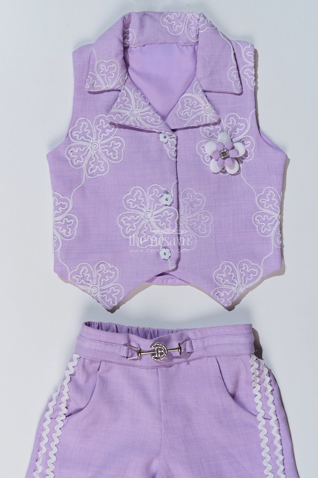 The Nesavu Girls Co-Ord Sets Girls Fancy Sharara Set in Lavender with Embroidered Jacket and Stylish Pants Nesavu Girls Fancy Lavender Sharara Set Embroidered Jacket Flared Pants | The Nesavu