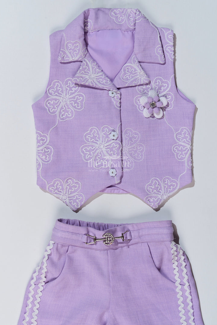The Nesavu Girls Co-Ord Sets Girls Fancy Sharara Set in Lavender with Embroidered Jacket and Stylish Pants Nesavu Girls Fancy Lavender Sharara Set Embroidered Jacket Flared Pants | The Nesavu