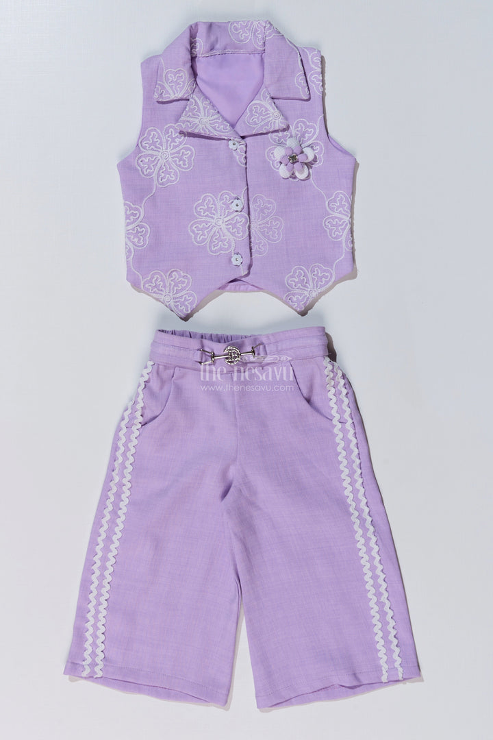 The Nesavu Girls Co-Ord Sets Girls Fancy Sharara Set in Lavender with Embroidered Jacket and Stylish Pants Nesavu Girls Fancy Lavender Sharara Set Embroidered Jacket Flared Pants | The Nesavu