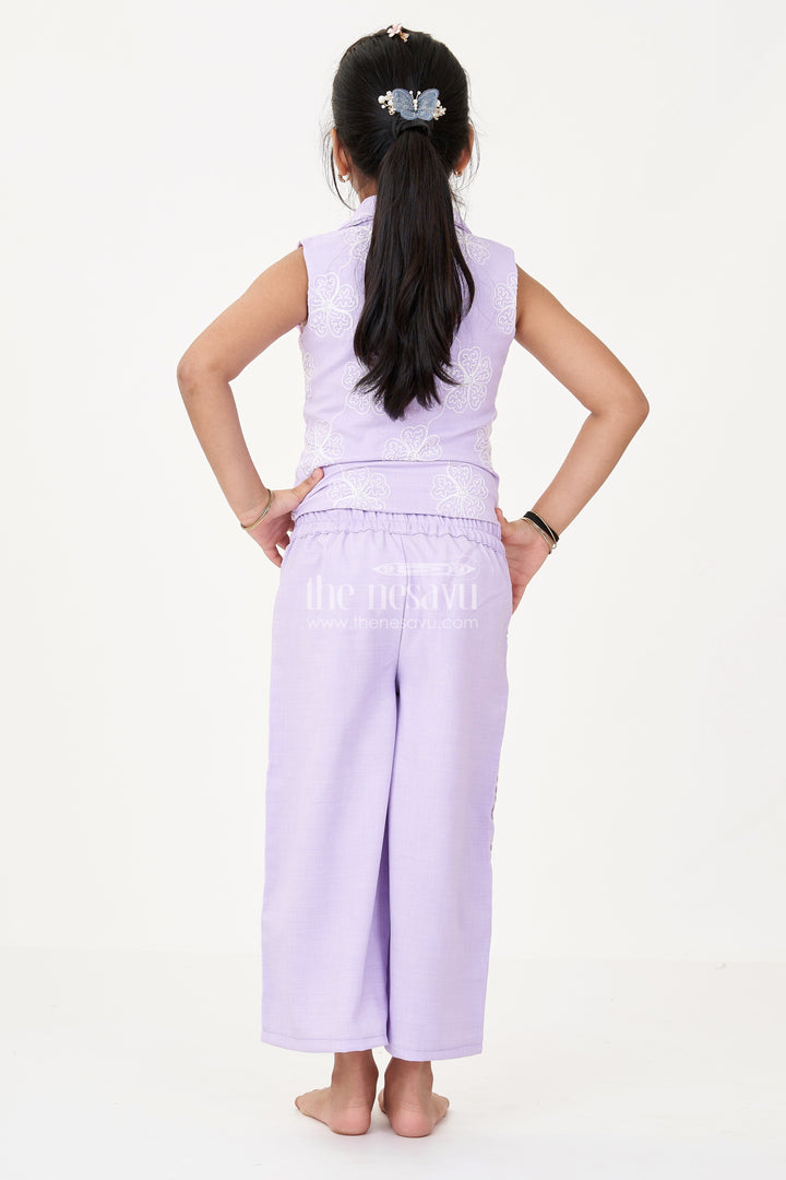 The Nesavu Girls Co-Ord Sets Girls Fancy Sharara Set in Lavender with Embroidered Jacket and Stylish Pants Nesavu Girls Fancy Lavender Sharara Set Embroidered Jacket Flared Pants | The Nesavu