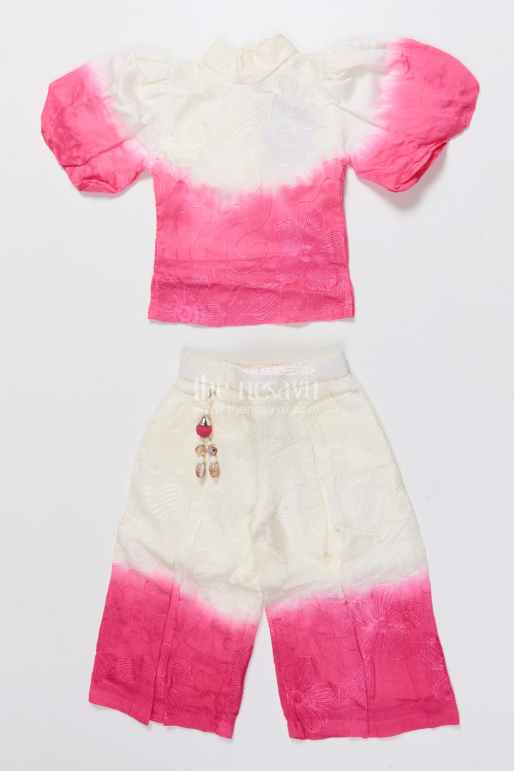 The Nesavu Girls Co-Ord Sets Girls Festive Co-Ord Set with Puff Sleeves and Tie Dye Detail Nesavu 18 (2Y) / Pink GPS724B-18 Nesavu tie dye co-ord set girls puff sleeves perfect festive occasions casual ethnic wear