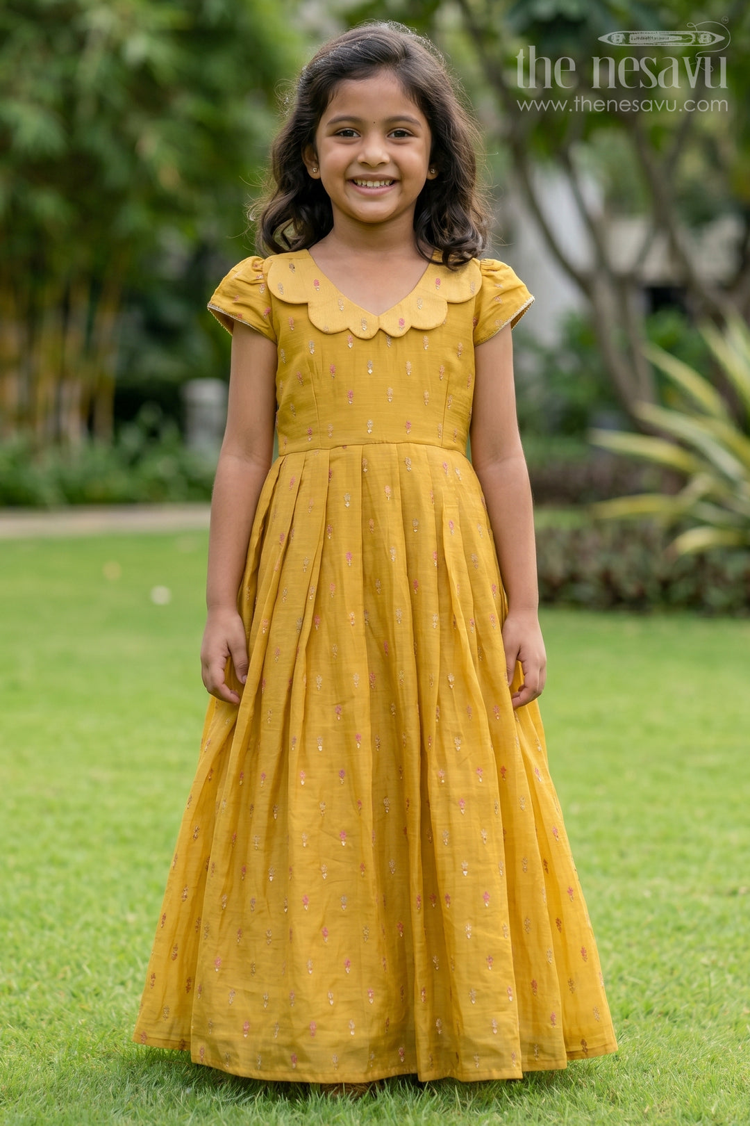 The Nesavu Girls Casual Gown Girls Festive Cotton Dress for Traditional Outings and Celebrations Nesavu 18 (2Y) / Gold / Chanderi GA402A-18 Nesavu Girls Festive Cotton Dress For Traditional Celebrations And Special Family Occasions