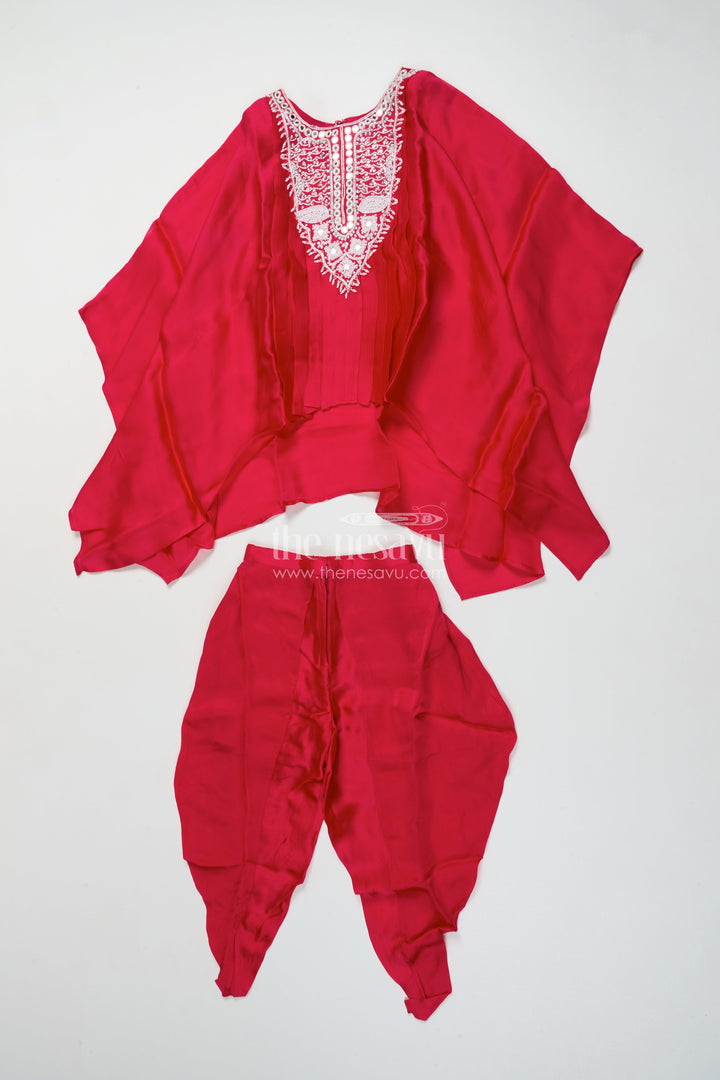 The Nesavu Girls Sharara / Plazo Set Girls Festive Draped Kurta and Dhoti Set In Viscose Muslin Silk with Embroidery Nesavu 24 (5Y) / Red GPS781A-24 Nesavu girls embroidered silk kaftan dhoti set  festive ethnic outfit
