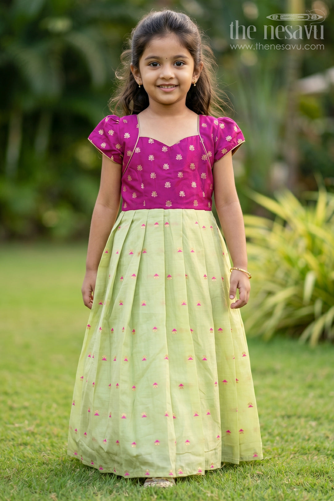 The Nesavu Girls Casual Gown Girls Festive Gown for Traditional Functions and Special Occasions Nesavu 16 (1Y) / Purple / Chanderi GA400A-16 Nesavu Girls Festive Gown For Traditional Functions And Weddings With Semi Banaras Silk Yoke