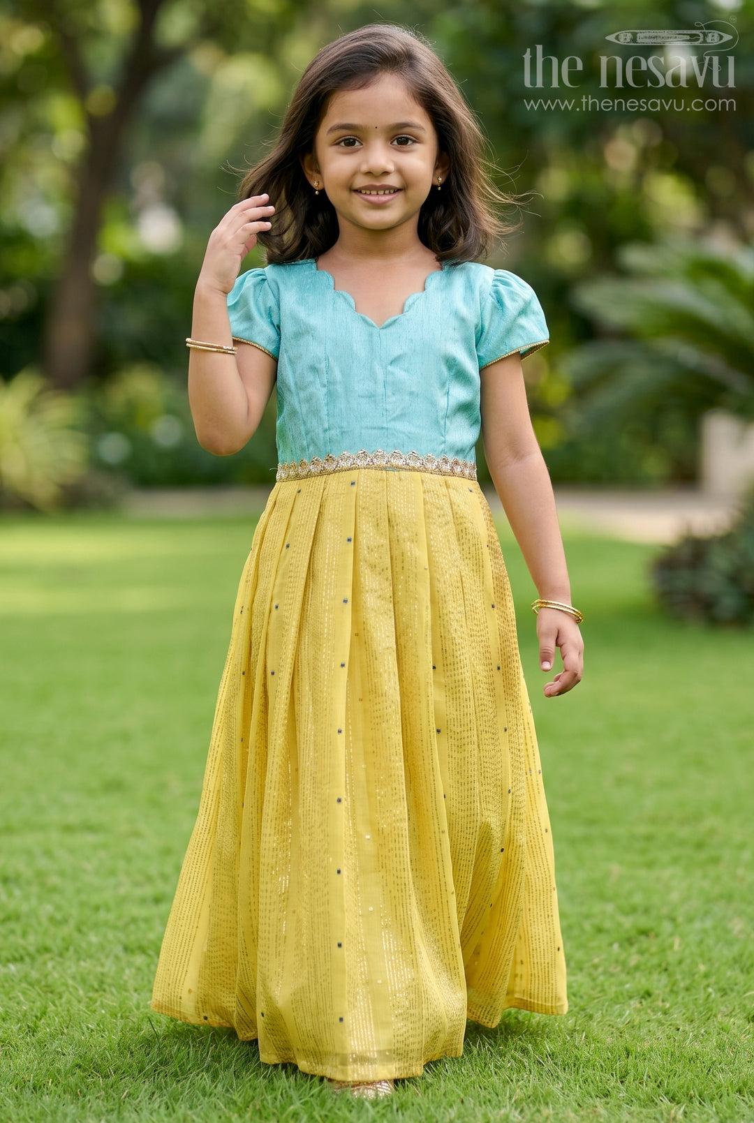 The Nesavu Girls Silk Gown Girls Festive Gown for Weddings and Special Occasions Nesavu 16 (1Y) / Turquoise / Silk GA392A-16 Nesavu Girls Festive Silk Gown With Jacquard Weave And Raw Silk Yoke For Weddings