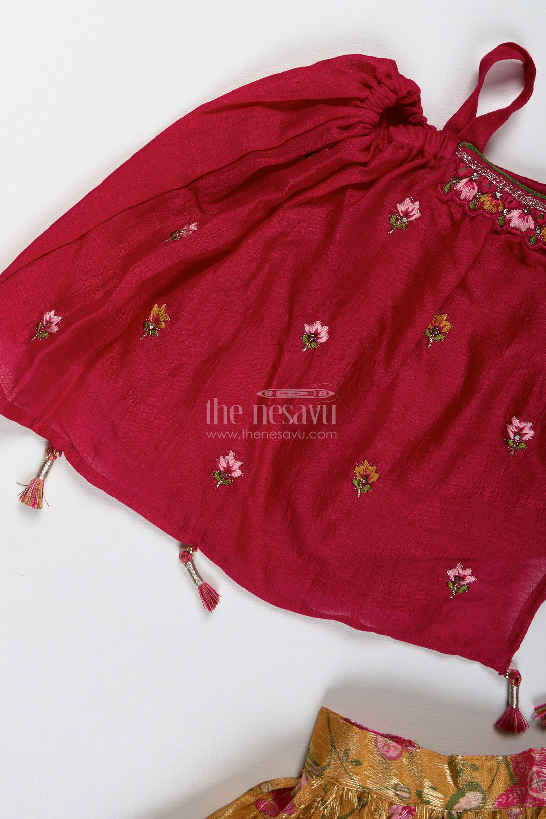 The Nesavu Girls Lehenga Choli Girls Festive Lehenga Choli Set for Weddings and Diwali Nesavu Nesavu festive lehenga choli set girls floral brocade skirt tassel top