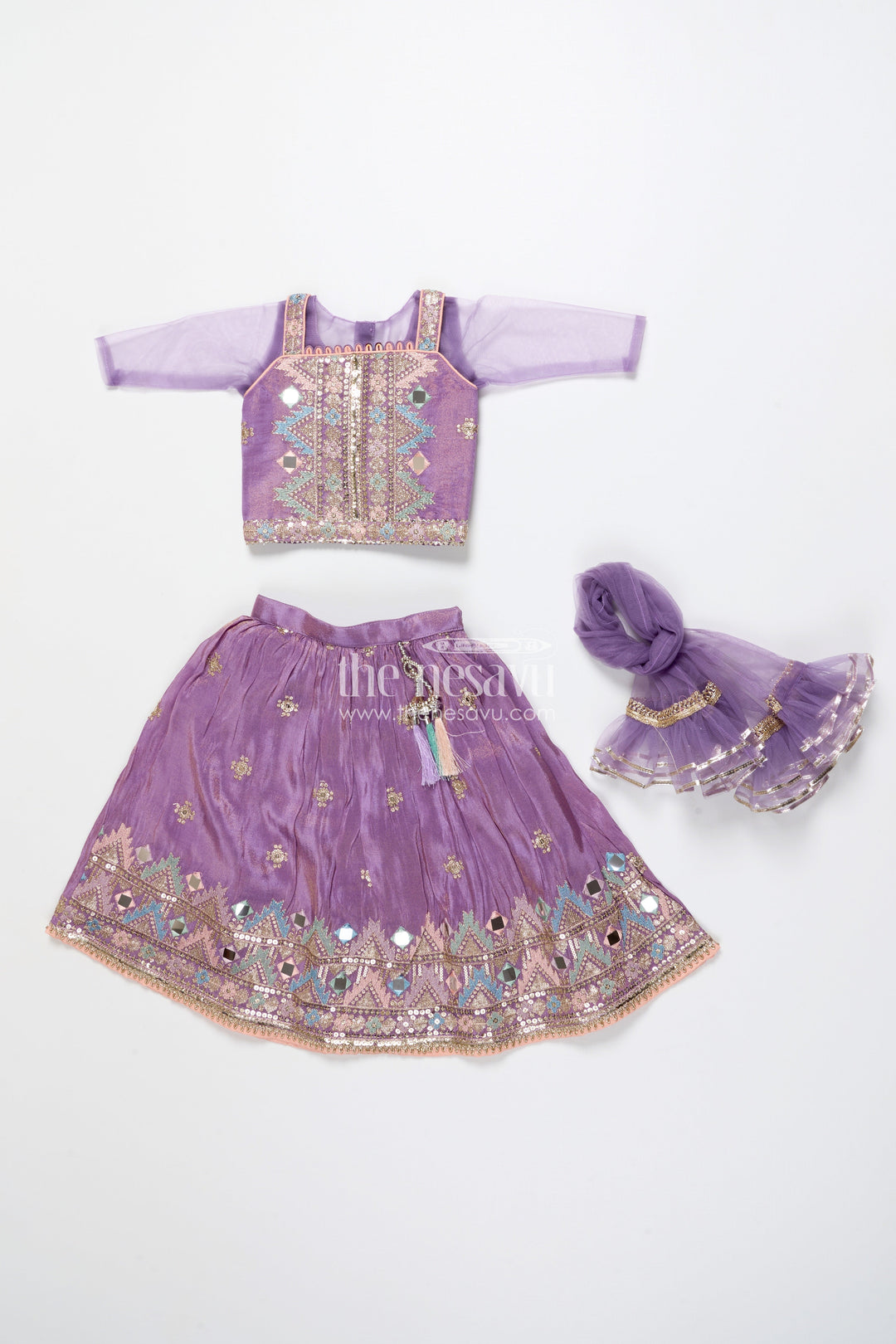 The Nesavu Girls Lehenga Choli Girls Festive Lehenga Choli with Mirror Work and Designer Yoke Nesavu Nesavu girls lehenga choli mirror work festive design