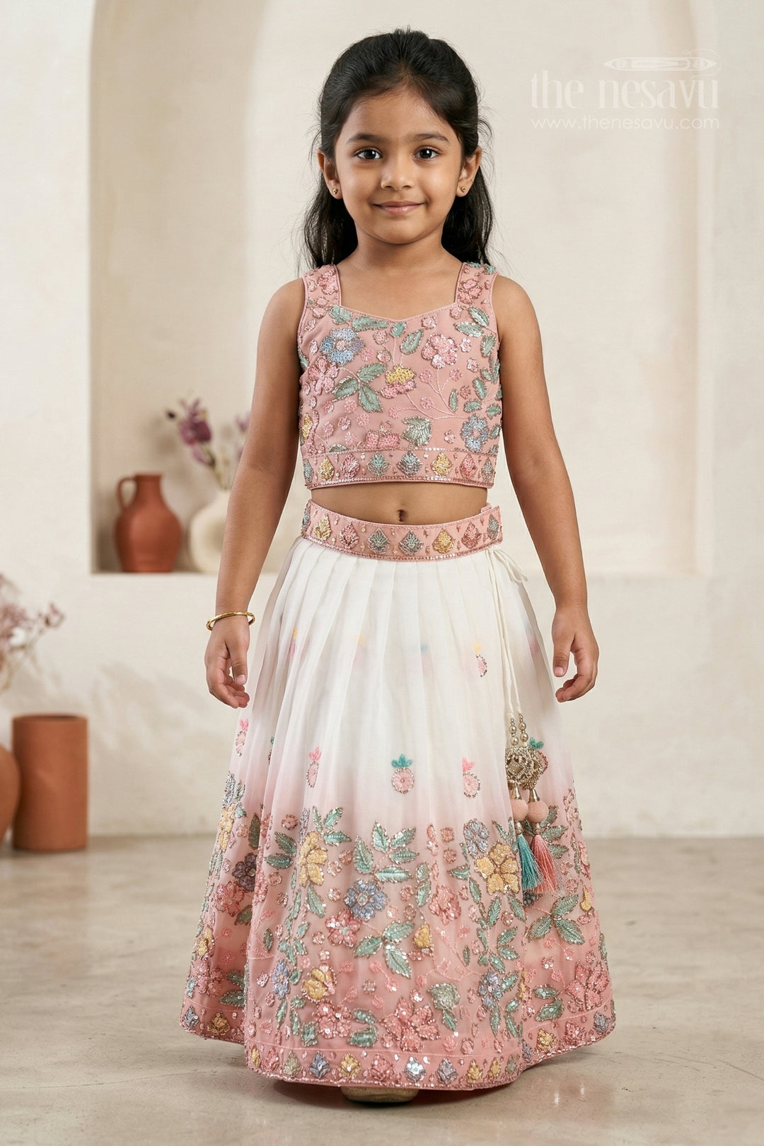 The Nesavu Girls Fancy Lehenga Girls Festive Lehenga for Weddings and Special Occasions Nesavu 16 (1Y) / Beige / Georgette GL883C-16 Nesavu girls festive georgette lehenga for weddings and special occasions with designer embroidery yoke