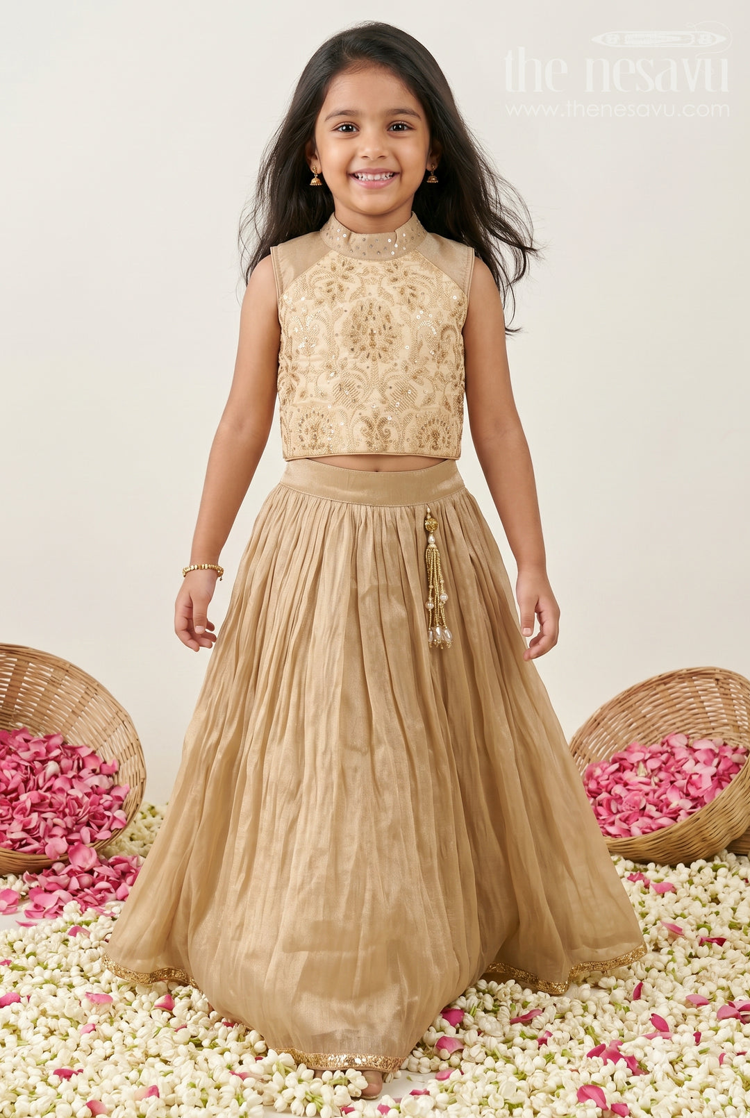The Nesavu Girls Lehenga Choli Girls Festive Lehenga Outfit for Weddings and Traditional Celebrations Nesavu 16 (1Y) / Beige / Organza GL933B-16 Nesavu Girls Festive Lehenga Outfit With Embroidered Yoke For Weddings And Family Celebrations