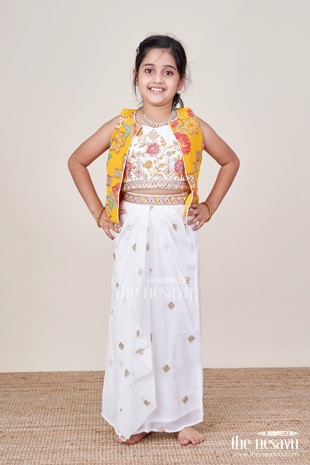 The Nesavu Girls Lehenga Choli Girls Festive Lehenga Set with Printed Dupatta and Crop Blouse Nesavu Nesavu girls festive lehenga choli set mirror work