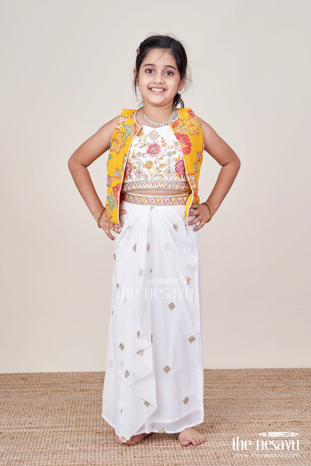 The Nesavu Girls Lehenga Choli Girls Festive Lehenga Set with Printed Dupatta and Crop Blouse Nesavu Nesavu girls festive lehenga choli set mirror work