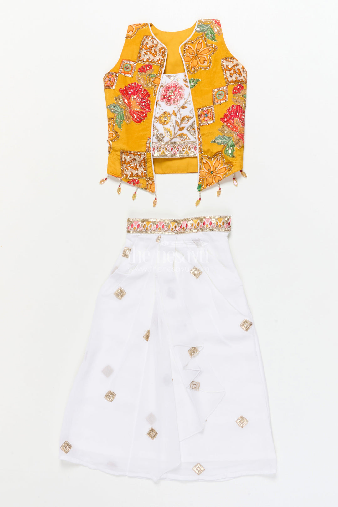 The Nesavu Girls Lehenga Choli Girls Festive Lehenga Set with Printed Dupatta and Crop Blouse Nesavu Nesavu girls festive lehenga choli set mirror work