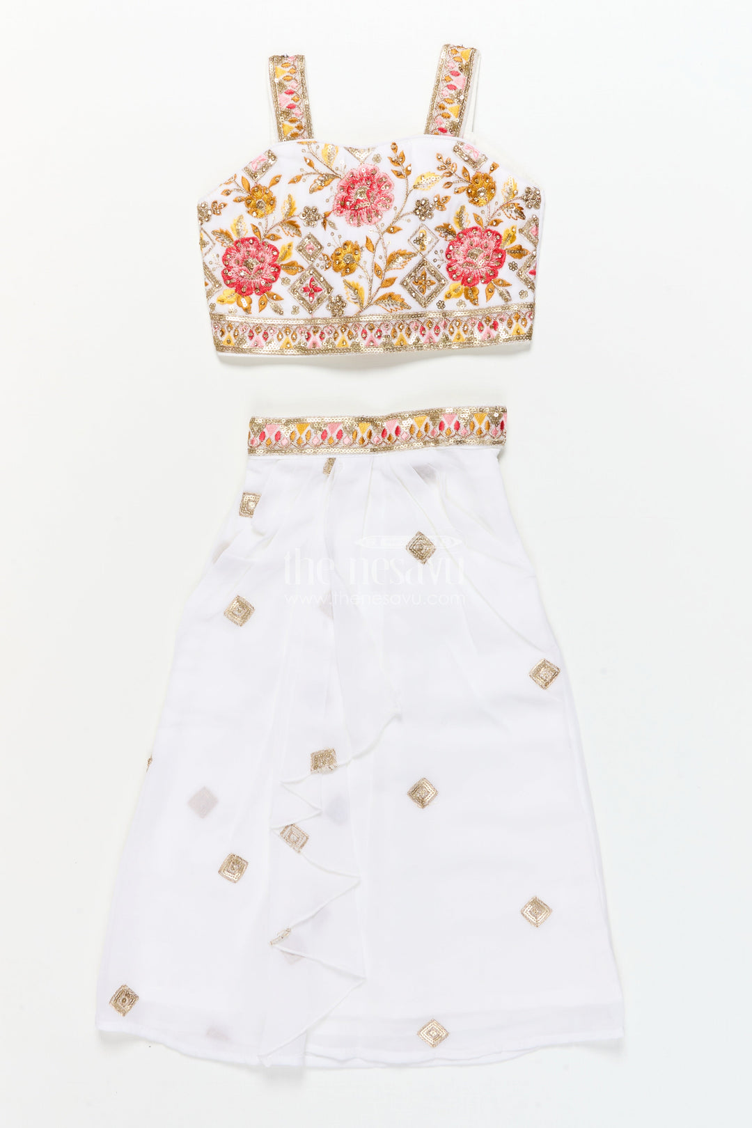 The Nesavu Girls Lehenga Choli Girls Festive Lehenga Set with Printed Dupatta and Crop Blouse Nesavu Nesavu girls festive lehenga choli set mirror work