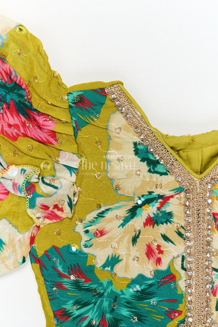 The Nesavu Girls Fancy Lehenga Girls Festive Lehenga with Floral Print and Puff Sleeve Blouse for Celebrations Nesavu Nesavu girls Chinon silk floral lehenga set with puff sleeve blouse for weddings and festive occasions