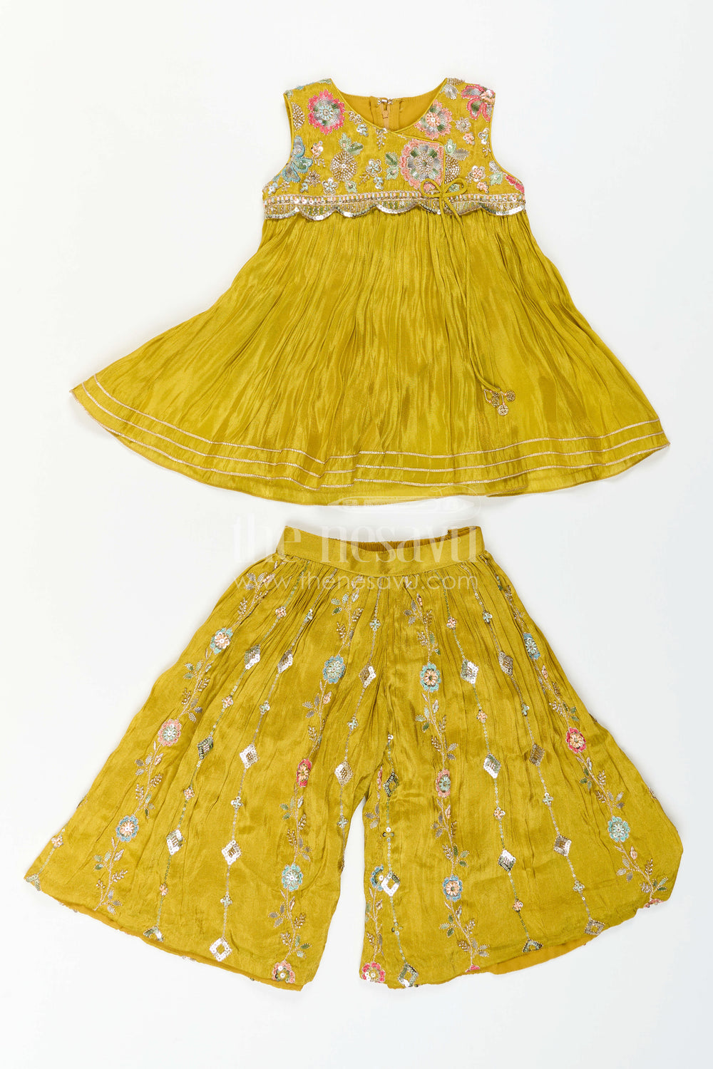 The Nesavu Girls Sharara / Plazo Set Girls Festive Palazzo Set for Wedding Receptions and Parties Nesavu Nesavu Girls Festive Palazzo Set With Sequence Embroidery For Weddings And Family Celebrations