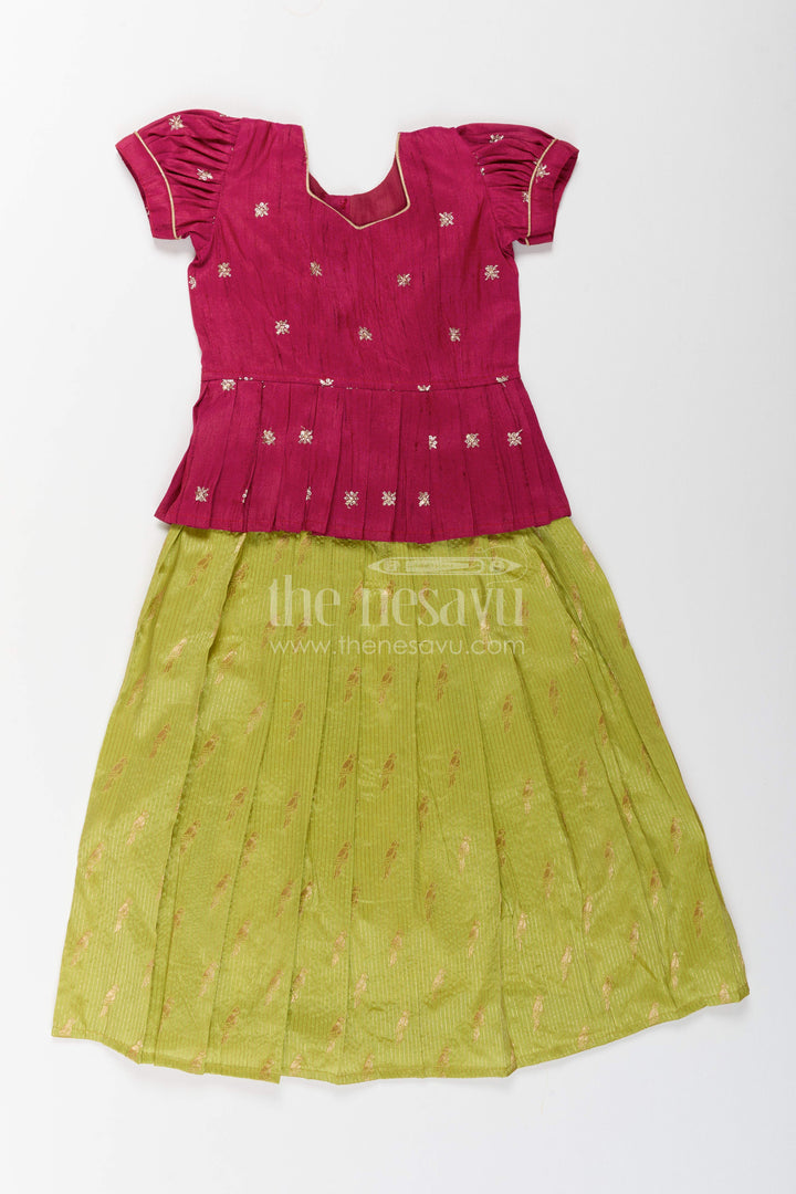The Nesavu Pattu Pavadai Girls Festive Pavadai Set for Cultural Ceremonies and Family Celebrations Nesavu 18 (2Y) / Purple / Banarasi GPP421A-18 Nesavu Girls Festive Pavadai Set For Cultural Ceremonies Weddings Temple Events And Family Celebrations