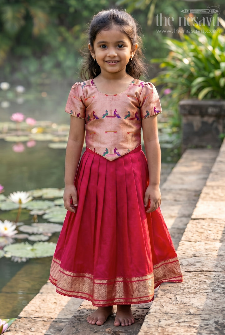 The Nesavu Pattu Pavadai Girls Festive Pavadai Set for Wedding and Cultural Functions Nesavu 18 (2Y) / Pink / Raw Silk GPP393B-18 Nesavu Girls Festive Pavadai Set With Paithani Blouse For Weddings And Family Celebrations