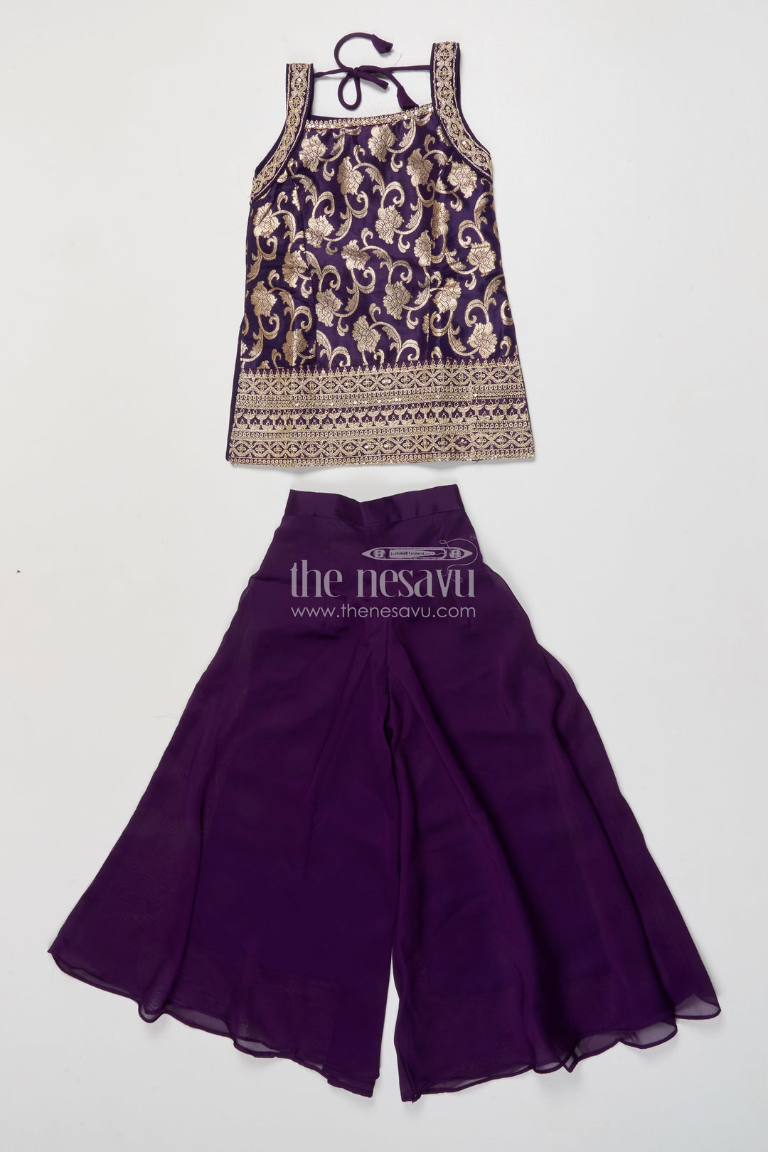 The Nesavu Girls Sharara / Plazo Set Girls Festive Plazo Set with Halter Kurti and Dupatta Nesavu 24 (5Y) / Purple GPS911B-24 Nesavu halter neck plazo set girls georgette embroidery festivals celebrations