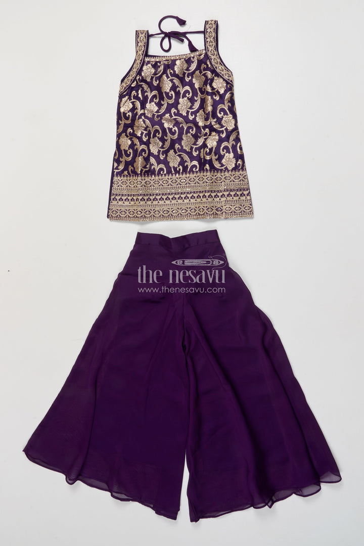 The Nesavu Girls Sharara / Plazo Set Girls Festive Plazo Set with Halter Kurti and Dupatta Nesavu 24 (5Y) / Purple GPS911B-24 Nesavu halter neck plazo set girls georgette embroidery festivals celebrations