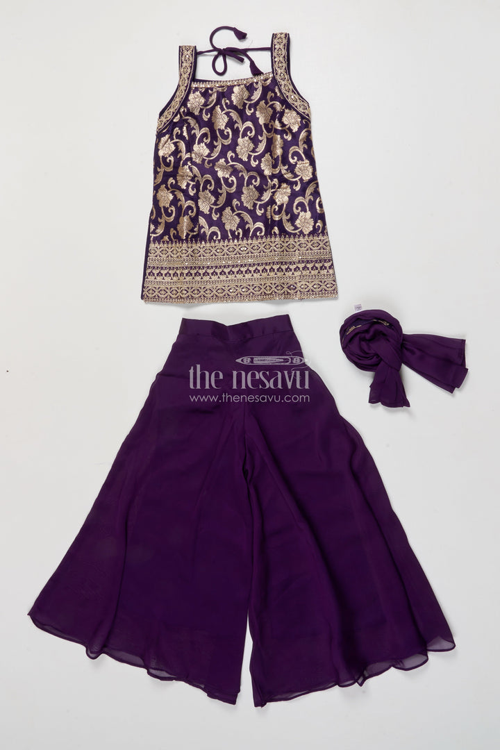 The Nesavu Girls Sharara / Plazo Set Girls Festive Plazo Set with Halter Kurti and Dupatta Nesavu Nesavu halter neck plazo set girls georgette embroidery festivals celebrations