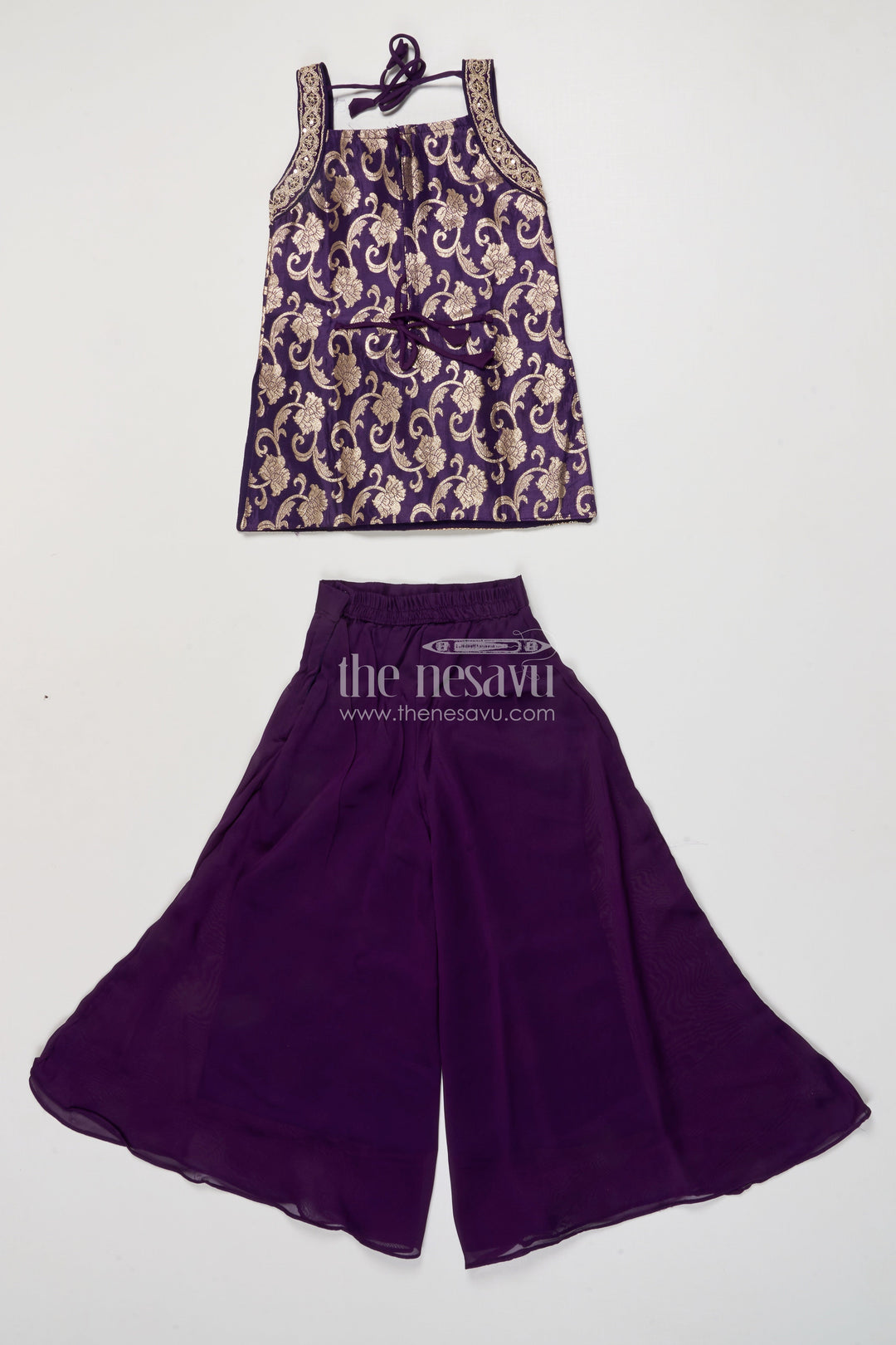 The Nesavu Girls Sharara / Plazo Set Girls Festive Plazo Set with Halter Kurti and Dupatta Nesavu Nesavu halter neck plazo set girls georgette embroidery festivals celebrations