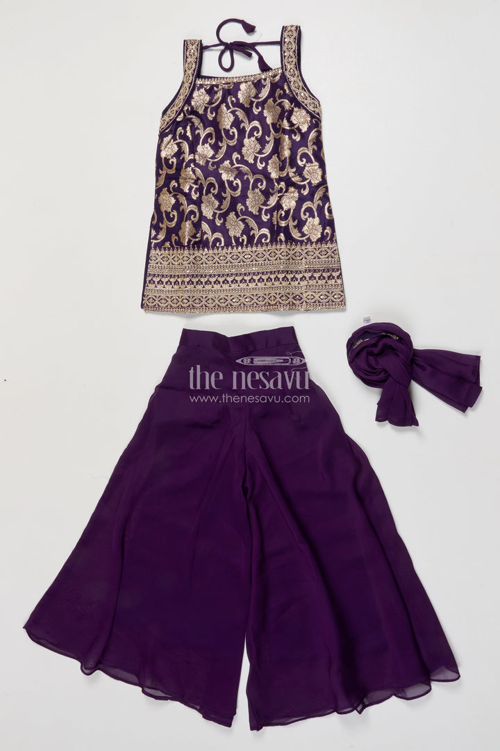 The Nesavu Girls Sharara / Plazo Set Girls Festive Plazo Set with Halter Kurti and Dupatta Nesavu Nesavu halter neck plazo set girls georgette embroidery festivals celebrations