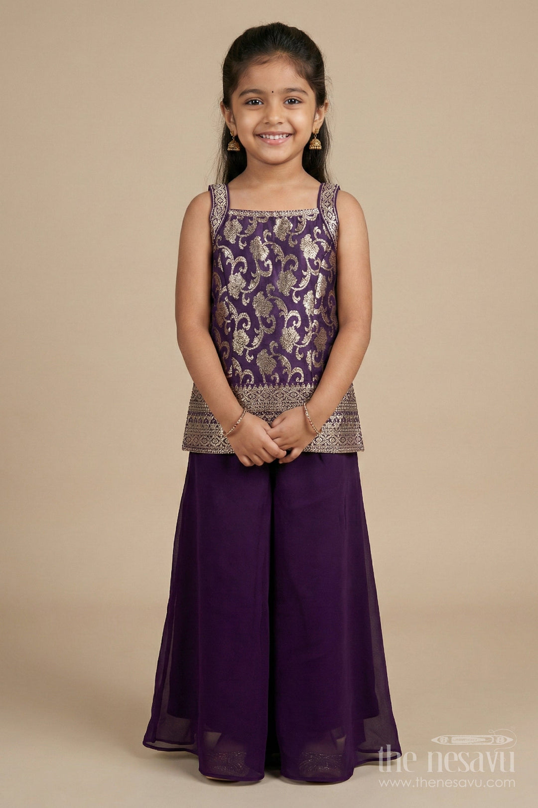 The Nesavu Girls Sharara / Plazo Set Girls Festive Plazo Set with Halter Kurti and Dupatta Nesavu Nesavu halter neck plazo set girls georgette embroidery festivals celebrations