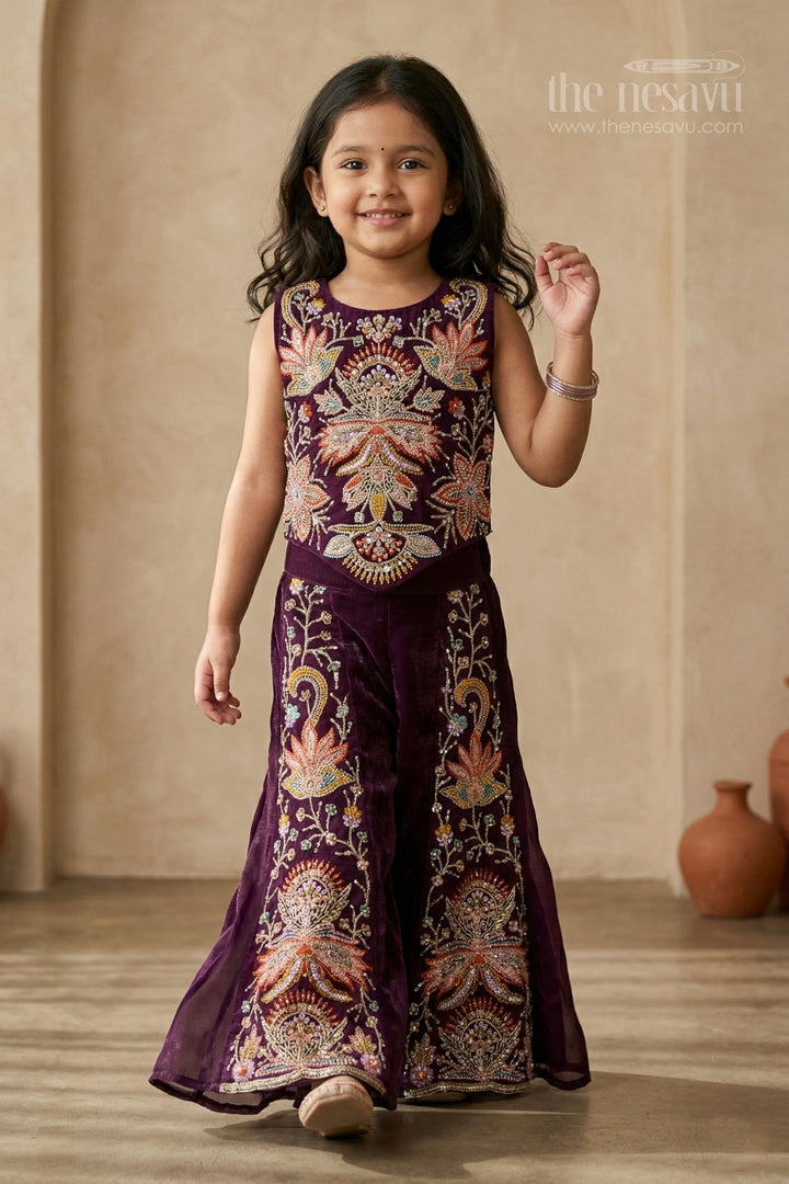The Nesavu Girls Sharara / Plazo Set Girls Festive Sharara Set for Traditional Functions and Celebrations Nesavu 16 (1Y) / Purple / Organza GPS1001B-16 Nesavu girls glaze organza sharara set for festive occasions with designer embroidered top