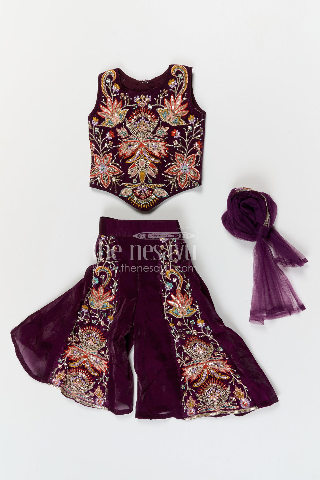 The Nesavu Girls Sharara / Plazo Set Girls Festive Sharara Set for Traditional Functions and Celebrations Nesavu Nesavu girls glaze organza sharara set for festive occasions with designer embroidered top