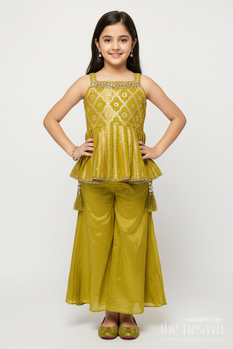 The Nesavu Girls Sharara / Plazo Set Girls Festive Sharara Set with Designer Embroidery for Traditional Occasions Nesavu 18 (2Y) / Green GPS750B-18 Nesavu festive sharara set girls embroidered kurti dupatta weddings rituals