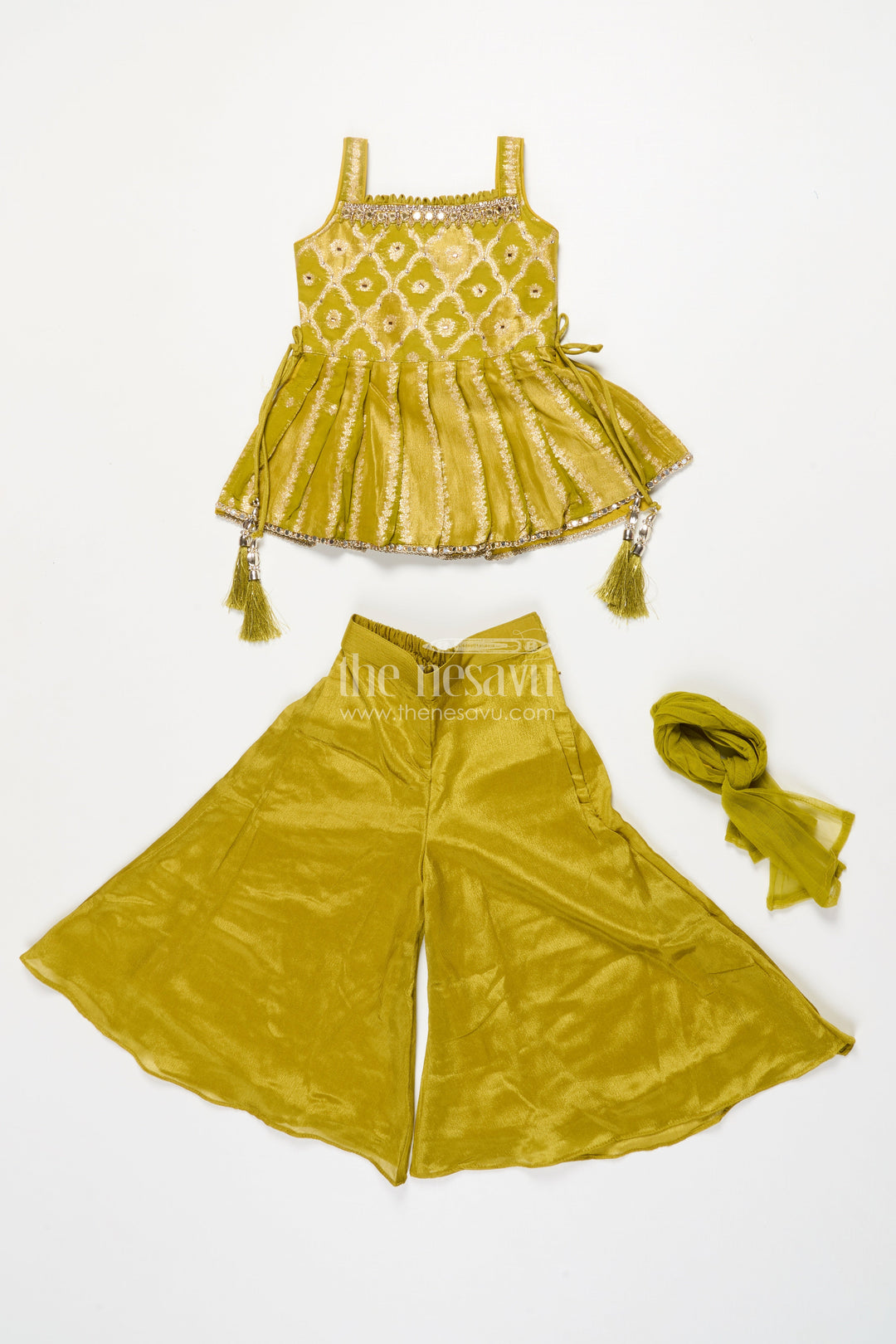 The Nesavu Girls Sharara / Plazo Set Girls Festive Sharara Set with Designer Embroidery for Traditional Occasions Nesavu Nesavu festive sharara set girls embroidered kurti dupatta weddings rituals