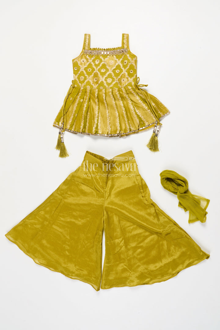 The Nesavu Girls Sharara / Plazo Set Girls Festive Sharara Set with Designer Embroidery for Traditional Occasions Nesavu Nesavu festive sharara set girls embroidered kurti dupatta weddings rituals