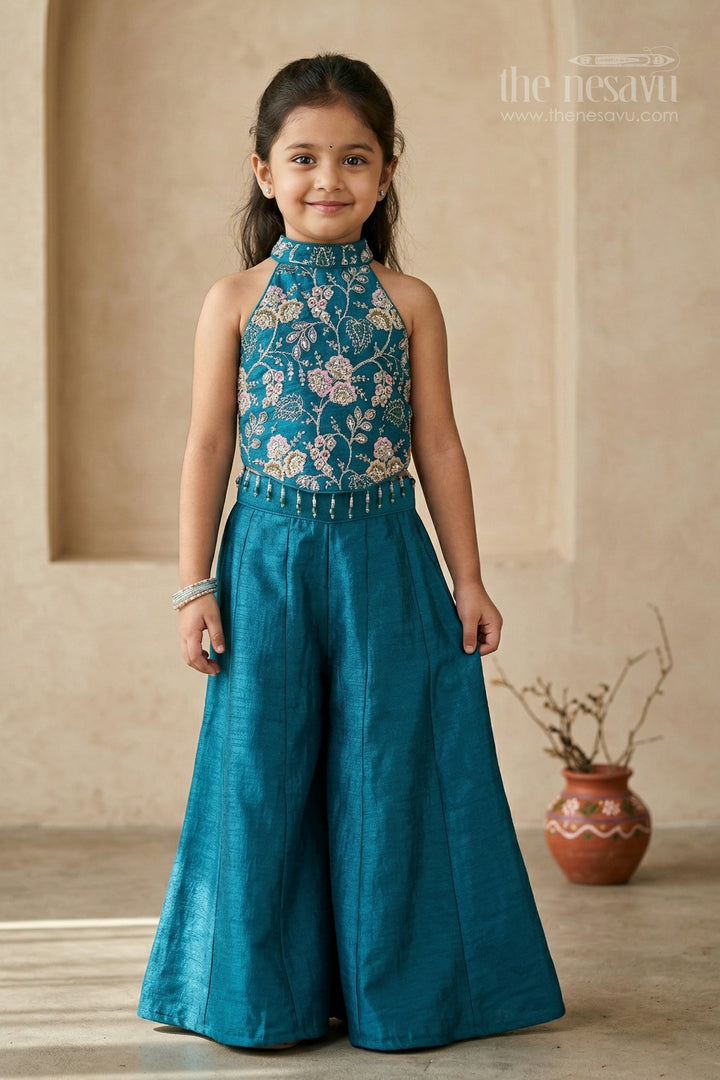 The Nesavu Girls Sharara / Plazo Set Girls Festive Sharara Set with Elegant Embroidery and Flared Pants Nesavu 18 (2Y) / Blue / Viscose GPS1021C-18 Nesavu girls viscose blend silk festive sharara set with embroidery and flared pants