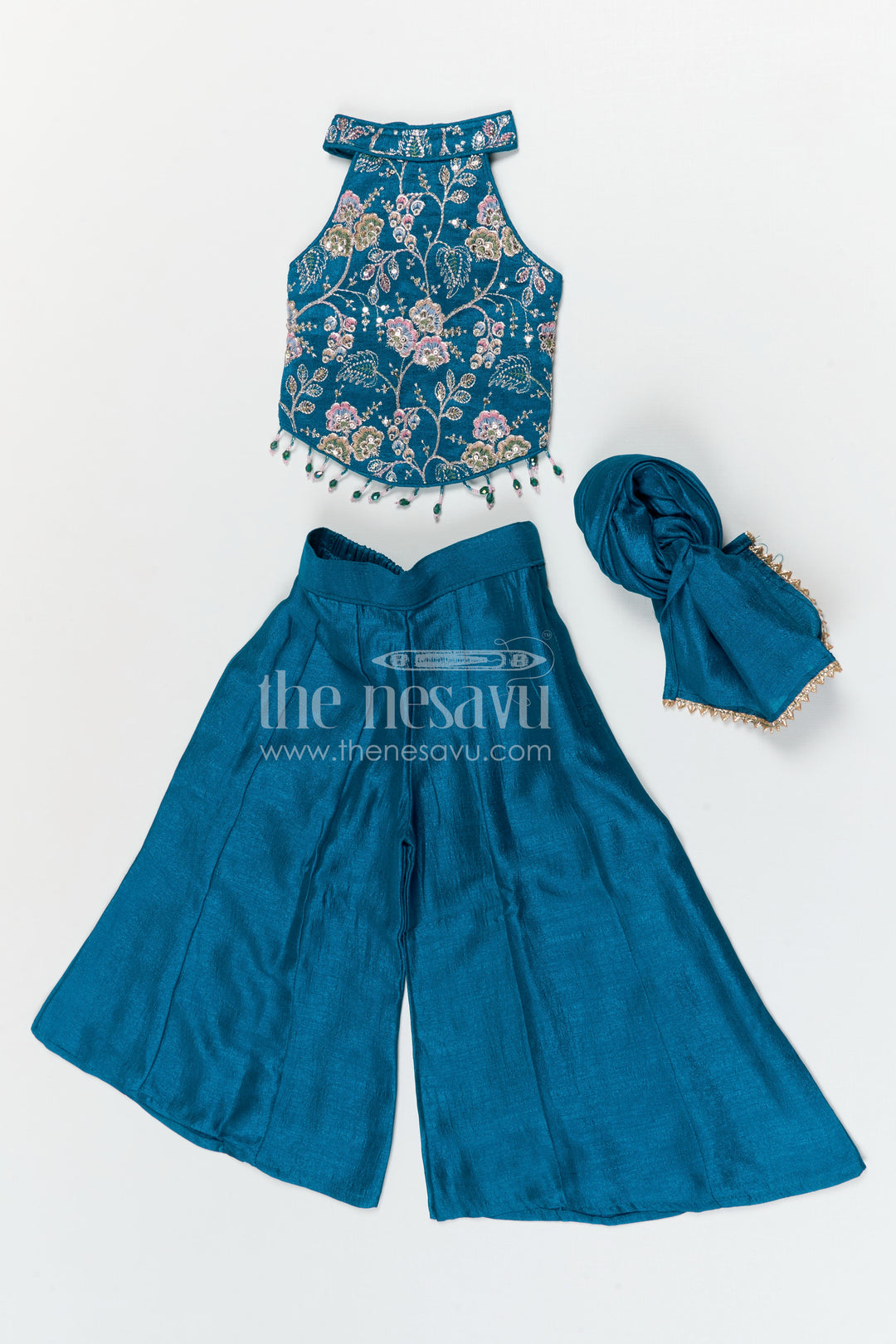 The Nesavu Girls Sharara / Plazo Set Girls Festive Sharara Set with Elegant Embroidery and Flared Pants Nesavu Nesavu girls viscose blend silk festive sharara set with embroidery and flared pants