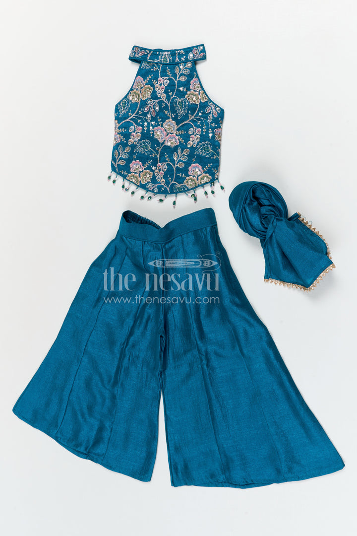The Nesavu Girls Sharara / Plazo Set Girls Festive Sharara Set with Elegant Embroidery and Flared Pants Nesavu Nesavu girls viscose blend silk festive sharara set with embroidery and flared pants