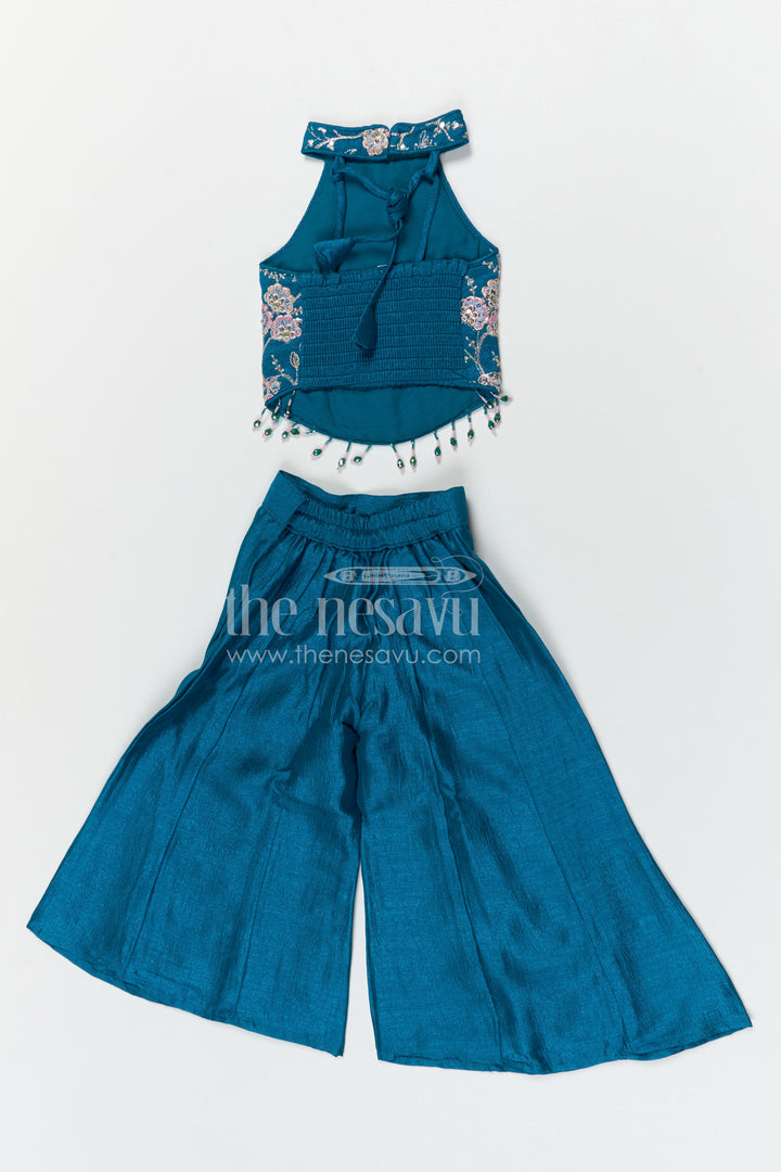 The Nesavu Girls Sharara / Plazo Set Girls Festive Sharara Set with Elegant Embroidery and Flared Pants Nesavu Nesavu girls viscose blend silk festive sharara set with embroidery and flared pants