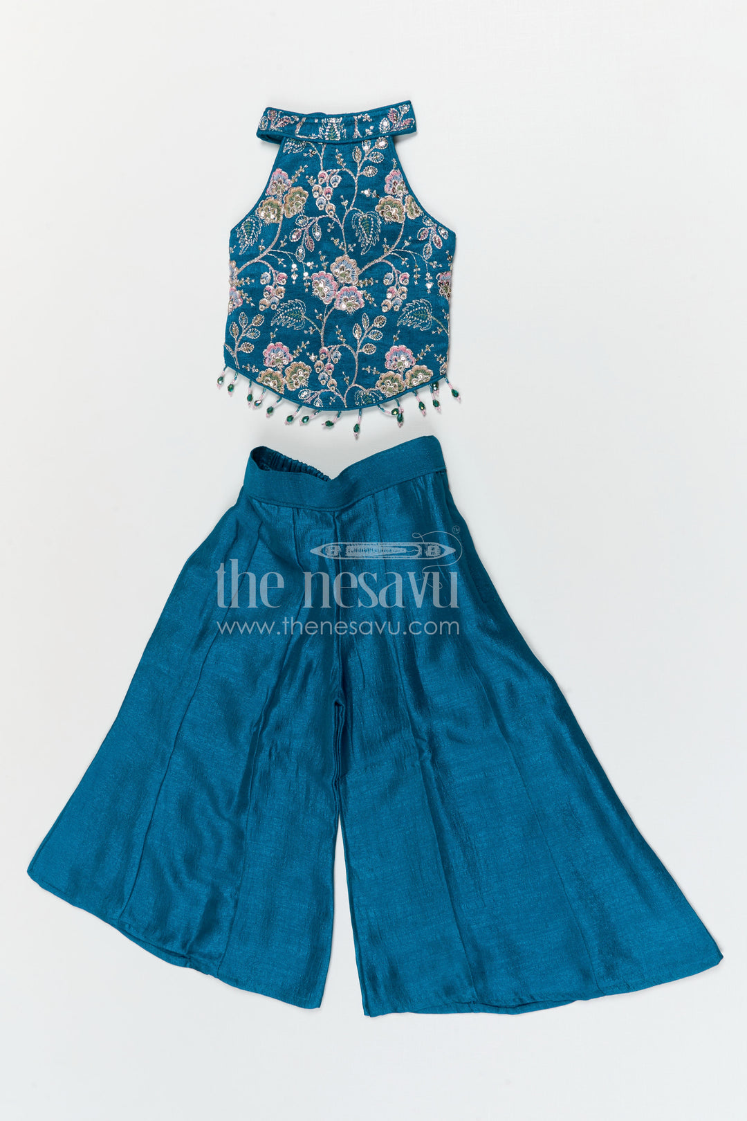 The Nesavu Girls Sharara / Plazo Set Girls Festive Sharara Set with Elegant Embroidery and Flared Pants Nesavu Nesavu girls viscose blend silk festive sharara set with embroidery and flared pants