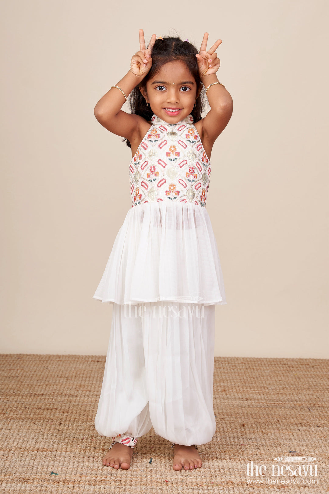 The Nesavu Girls Sharara / Plazo Set Girls Festive Sharara Set with Sequin Embroidery for Ethnic Wear Nesavu 16 (1Y) / white GPS860B-16 Nesavu girls white georgette sharara set sequin embroidery festive occasions traditional celebrations