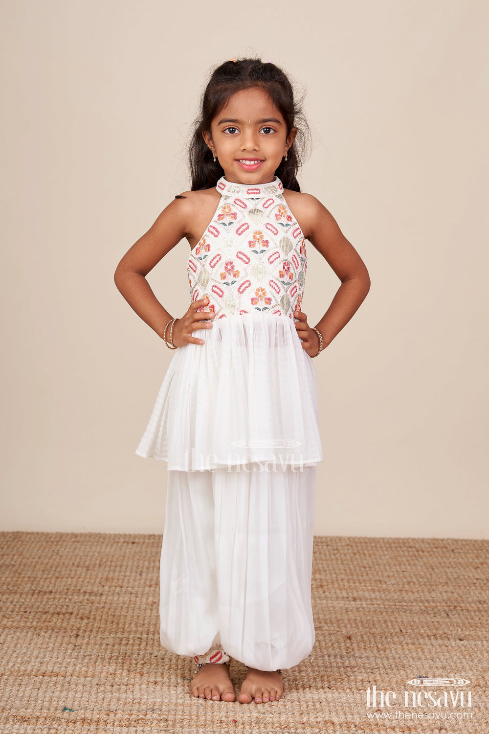 The Nesavu Girls Sharara / Plazo Set Girls Festive Sharara Set with Sequin Embroidery for Ethnic Wear Nesavu Nesavu girls white georgette sharara set sequin embroidery festive occasions traditional celebrations