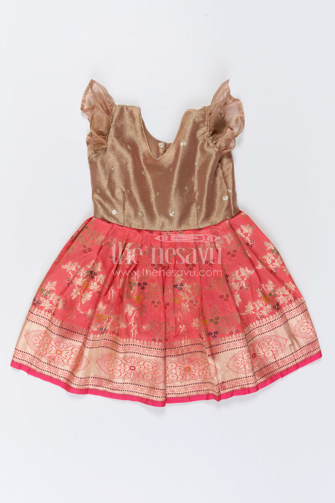 The Nesavu Silk Frock Girls Festive Silk Dress for Weddings and Family Occasions Nesavu 20 (3Y) / Gold / Semi Banarasi SF1166B-20 Nesavu Girls Festive Silk Dress With Tissue Yoke For Weddings And Traditional Celebrations