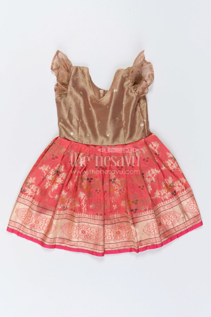 The Nesavu Silk Frock Girls Festive Silk Dress for Weddings and Family Occasions Nesavu 20 (3Y) / Gold / Semi Banarasi SF1166B-20 Nesavu Girls Festive Silk Dress With Tissue Yoke For Weddings And Traditional Celebrations
