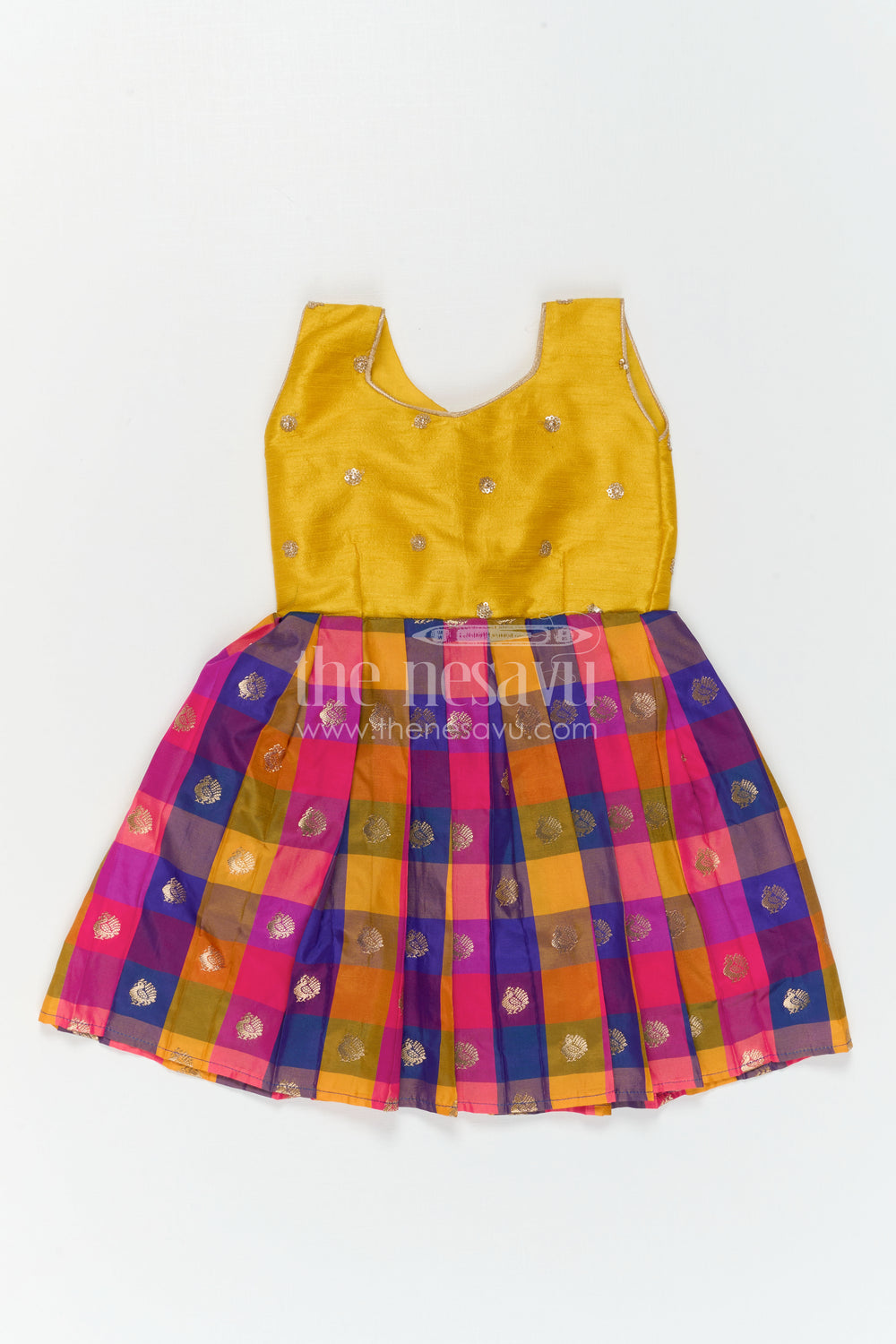 The Nesavu Silk Frock Girls Festive Silk Frock for Weddings and Traditional Functions Nesavu 18 (2Y) / Yellow / Silk Blend SF1163A-18 Nesavu Girls Festive Silk Frock With Colorful Checked Skirt For Weddings And Birthday Parties