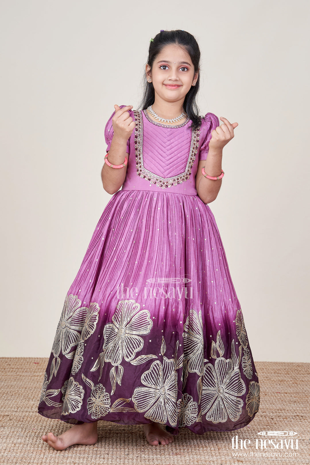 The Nesavu Girls Silk Gown Girls Festive Silk Gown with Floral Designer Yoke Nesavu 24 (5Y) / Purple GA369A-24 Nesavu girls festive silk gown designer floral detailing