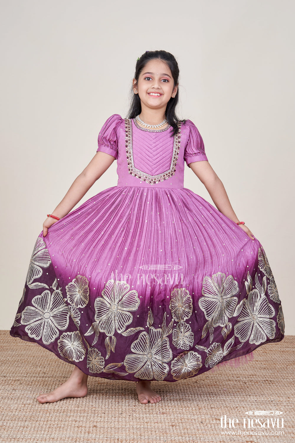 The Nesavu Girls Silk Gown Girls Festive Silk Gown with Floral Designer Yoke Nesavu Nesavu girls festive silk gown designer floral detailing