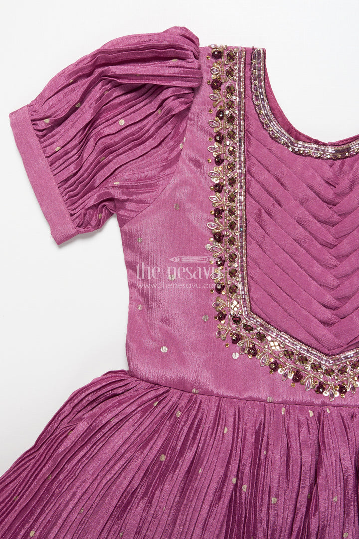 The Nesavu Girls Silk Gown Girls Festive Silk Gown with Floral Designer Yoke Nesavu Nesavu girls festive silk gown designer floral detailing