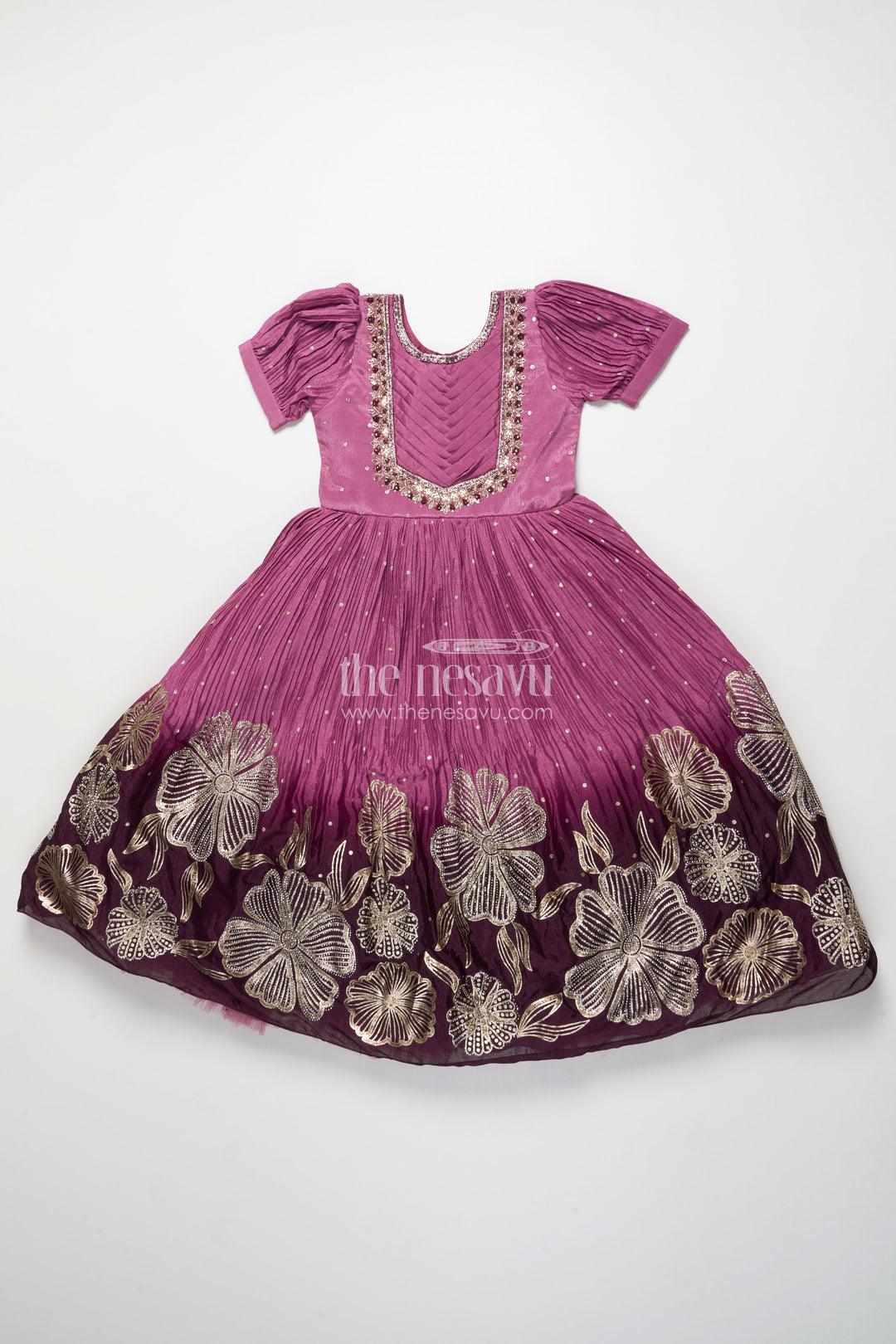 The Nesavu Girls Silk Gown Girls Festive Silk Gown with Floral Designer Yoke Nesavu Nesavu girls festive silk gown designer floral detailing