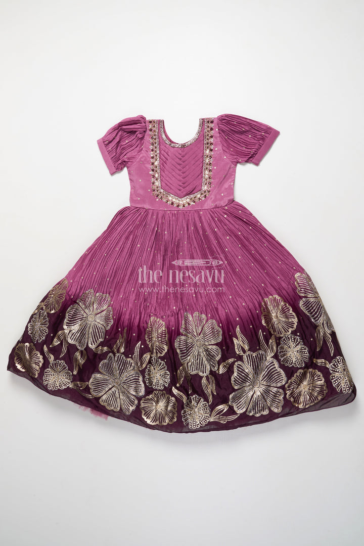 The Nesavu Girls Silk Gown Girls Festive Silk Gown with Floral Designer Yoke Nesavu Nesavu girls festive silk gown designer floral detailing