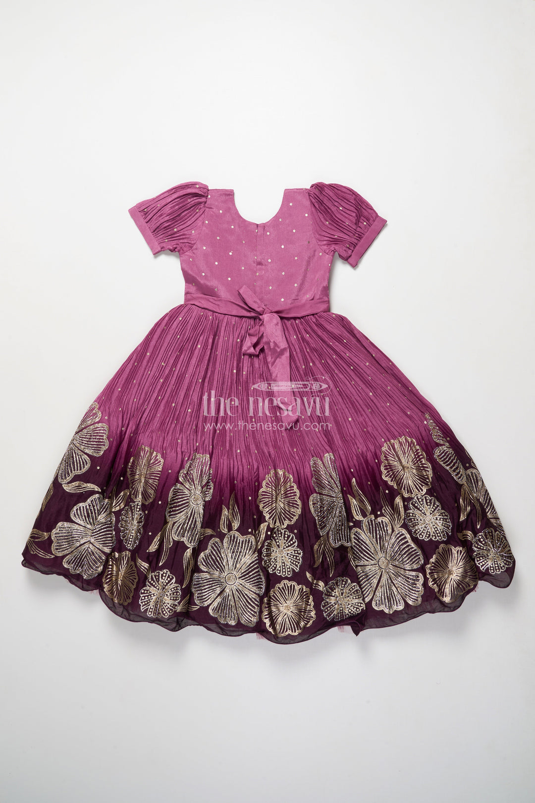 The Nesavu Girls Silk Gown Girls Festive Silk Gown with Floral Designer Yoke Nesavu Nesavu girls festive silk gown designer floral detailing