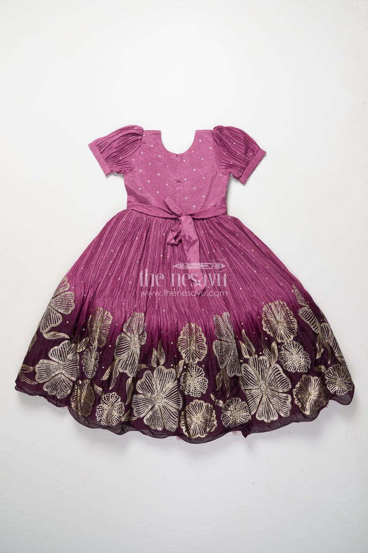 The Nesavu Girls Silk Gown Girls Festive Silk Gown with Floral Designer Yoke Nesavu Nesavu girls festive silk gown designer floral detailing